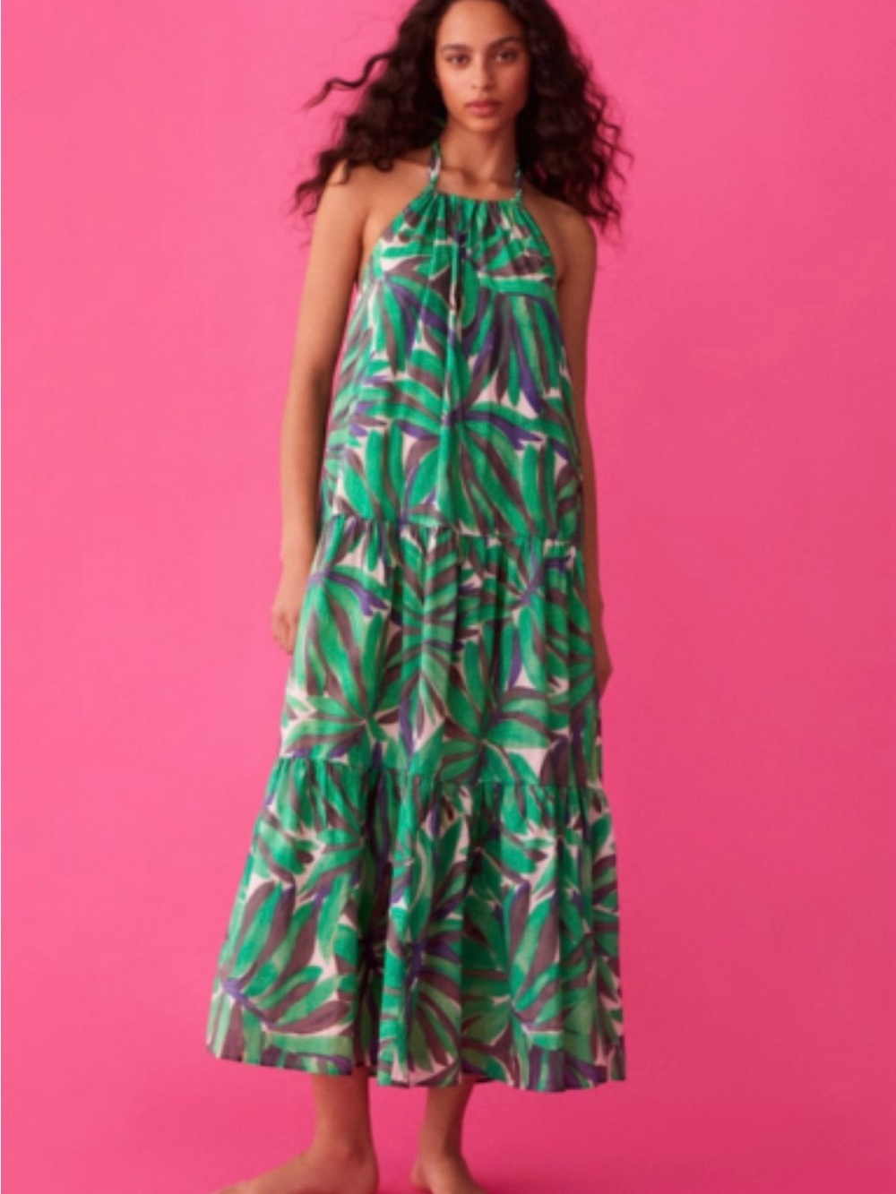 Oysho Tropical Cotton Maxi Dress Cotton‎ Halter Beach Vacation Size S